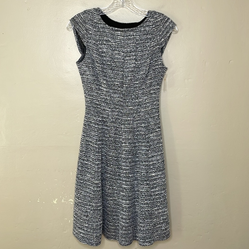 ELLE Dress Black & Silver Fleck Fit-N-Flare Tweed Stretchy Cap Sleeves NWT XS